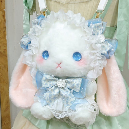 with White Bunny Bowknot Decorated Plush Blue Backpack