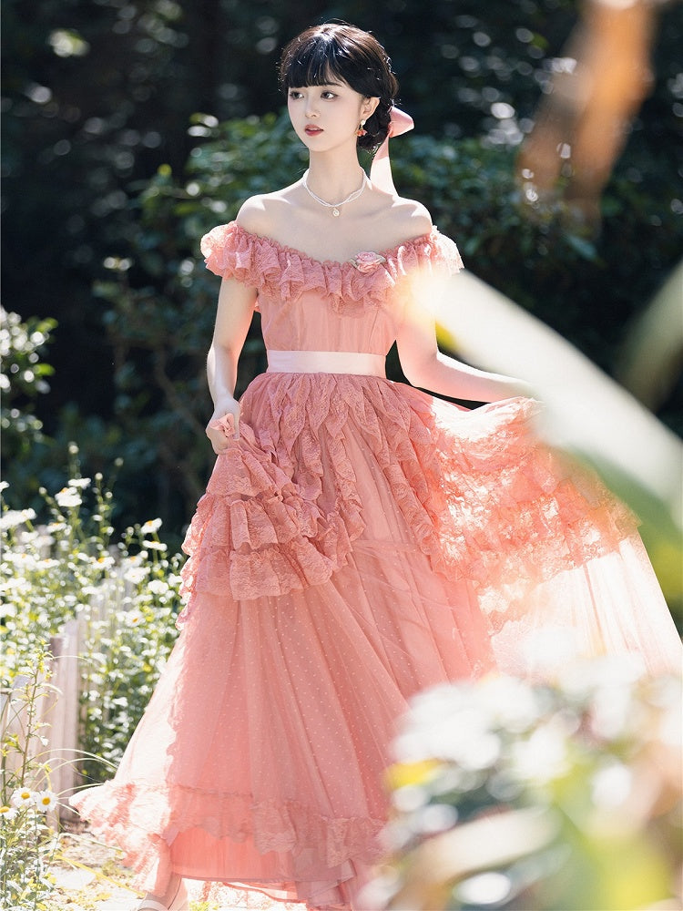 Wine Red/Pink Vintage Lace Ruffle Trim Off-the-shoulder Neckline  Dress