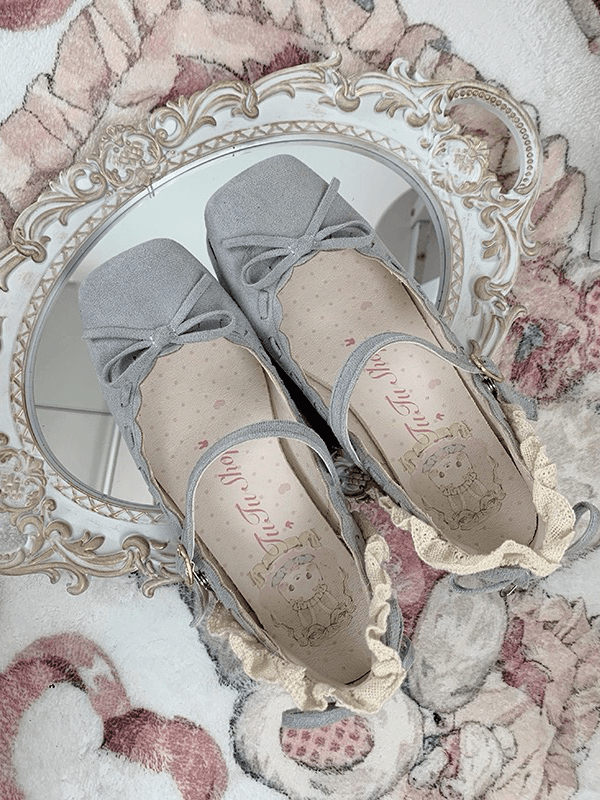 Bow - Jane Front Mary Shoes Square Heel Toe Blue Classic Mid with