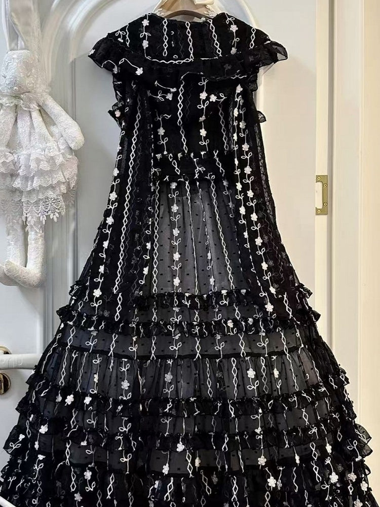 Floral Ear with Overdress Ruffled Pattern Hood Lolita Black Bunny