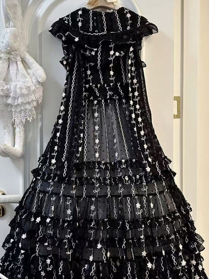 Floral Ear with Overdress Ruffled Pattern Hood Lolita Black Bunny