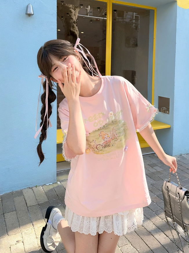 Embroidery Bear Pink Round Neck Oil Painting Letter Print Sweet T-Shirt