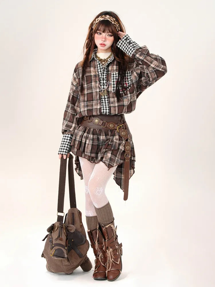 / Asymmetrical Sleeves Long Shirt Embroidered Coffee Plaid Skirt High Waist