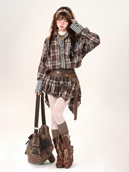 / Asymmetrical Sleeves Long Shirt Embroidered Coffee Plaid Skirt High Waist