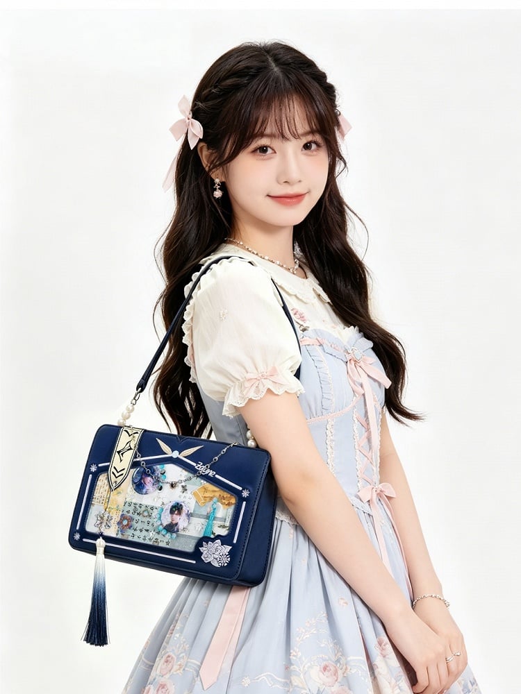 Blue Transparent Window Embroidery Ita Bag with Beaded Tassel - thejunco