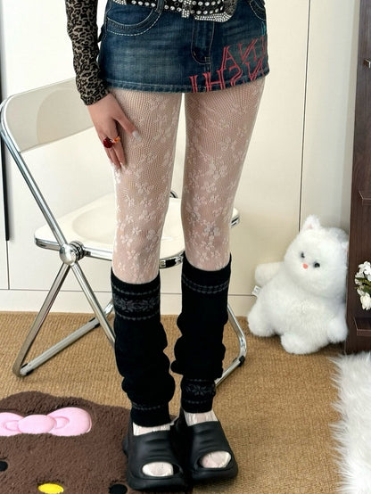 Y2K Brown/Purple/Black/White Floral Details Tights