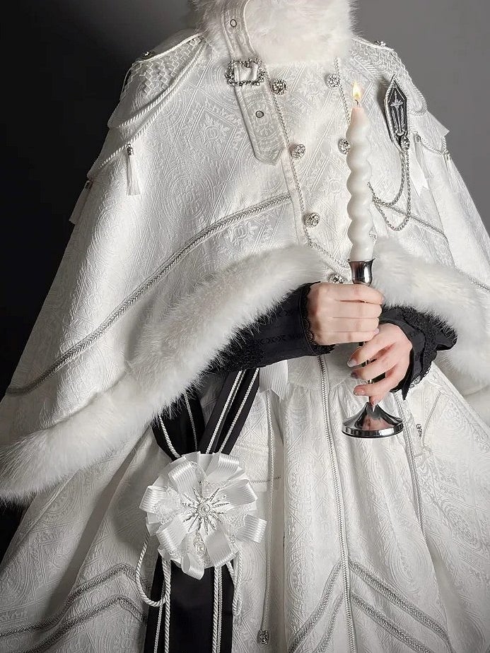 Fur-Trimmed White Decoration and Cape with Buckle Faux Breasted Lolita Military Double Tassel