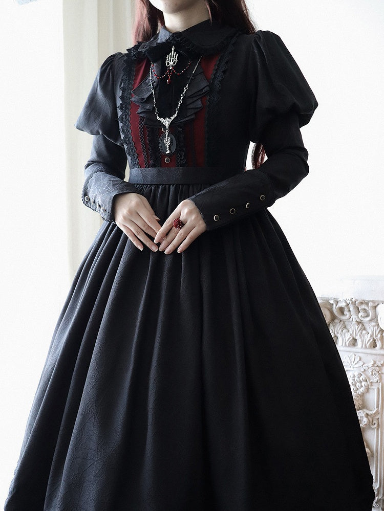 Lolita and Gothic with Lace Pattern Dress Spider Web Trim Black Juliette Sleeves