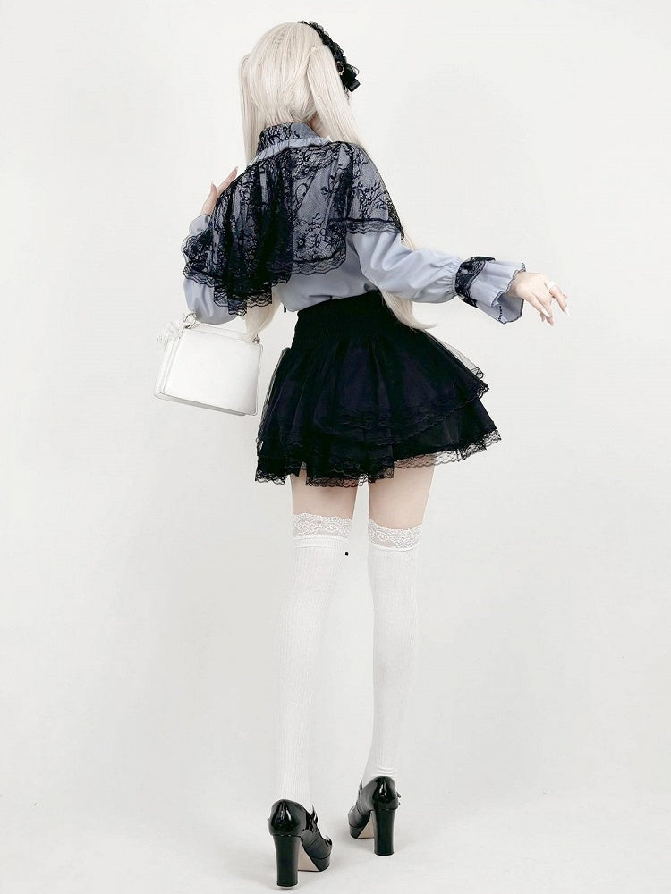 Midnight Blue Lace-Cape Blouse with Long Sleeves - AMAHAKAWA