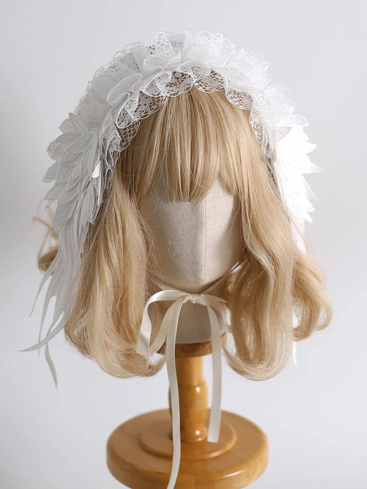Lolita White/Black - Design Winged Lace Sheer Hairband Ruffled 2-Color