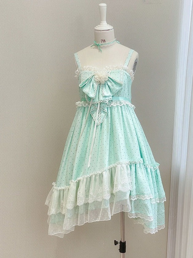 Polka Dot Bow Asymmetric Hem JSK Dress with Lace Choker - Tan Tuan