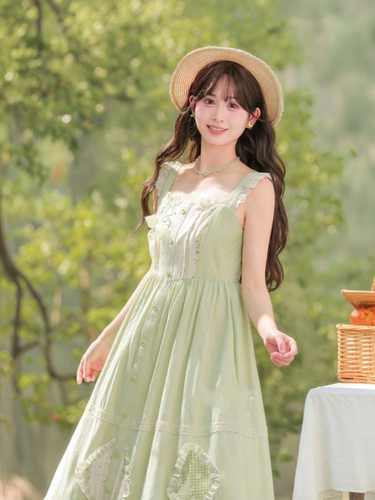 Mori Kei Green Floral Applique Sleeveless Dress