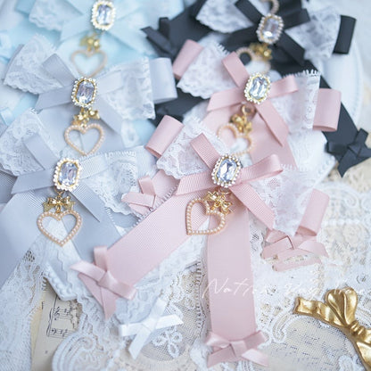 ビーズハートチャーム ジライケイ レースボウ ヘアクリップ ダスティブルー/ダスティピンク/ブルー/ブラック