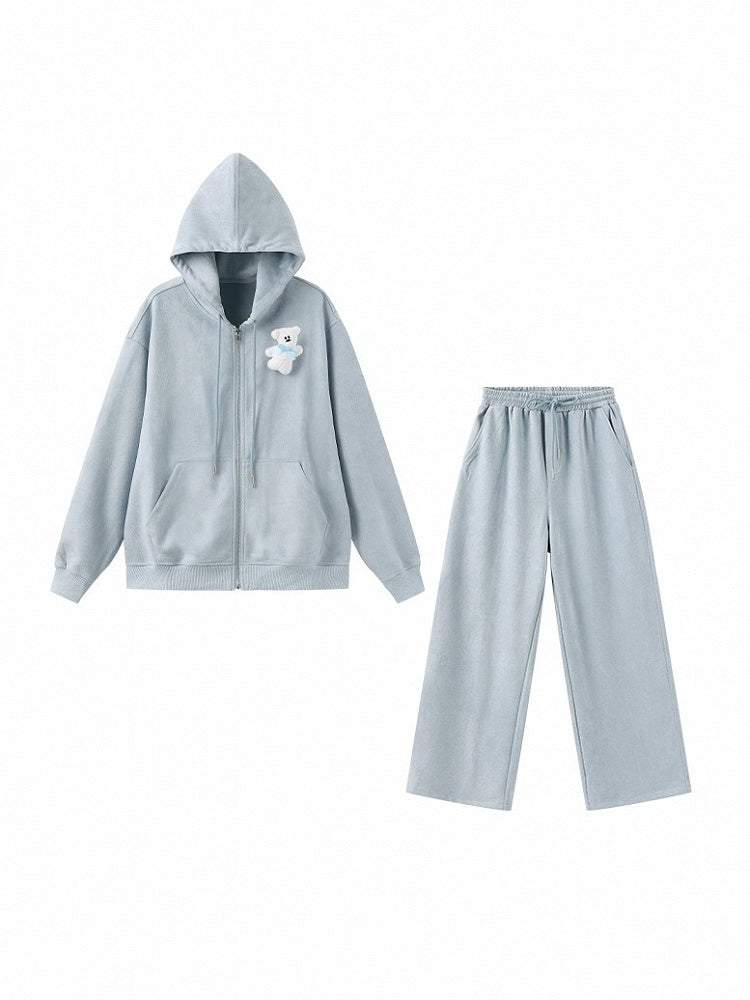Chest Hooded Jacket Bear White Set Blue Sweatpants Details with Toy Drawstring