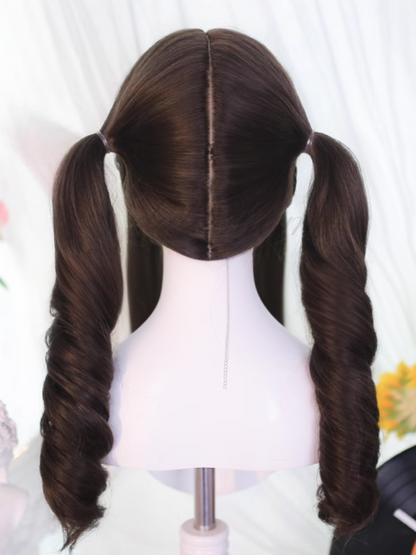 Brown Under Bust Length 60cm Wavy Wig with Full Bangs