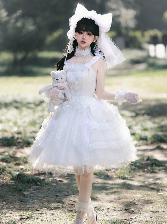 Lily Sweet of Lace Gloves Valley Embroidered Lolita Full Set Choker Veil + KC Head Dress White the