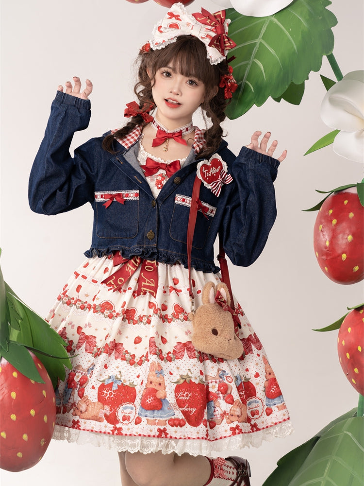 Navy Blue Heart Applique Bunny Ear Hooded Denim Short Jacket Ruffle Hem