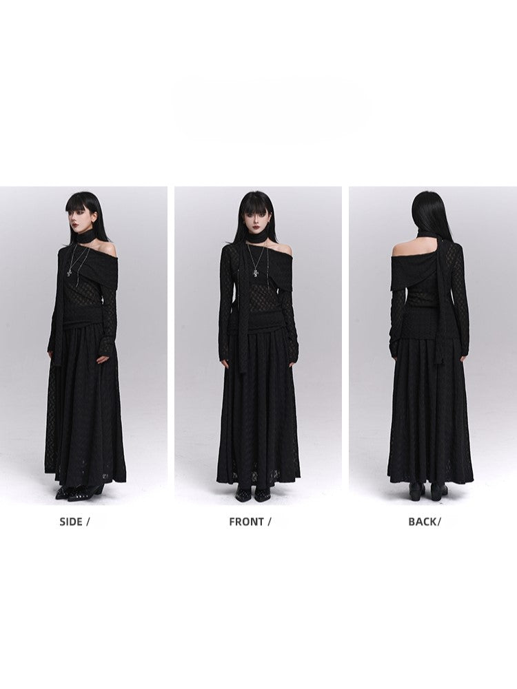 Skirt Waistband Lined Black Gothic Ankle-Length Elastic with