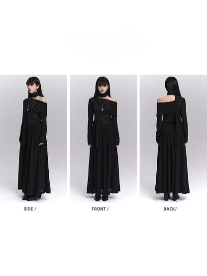 Skirt Waistband Lined Black Gothic Ankle-Length Elastic with