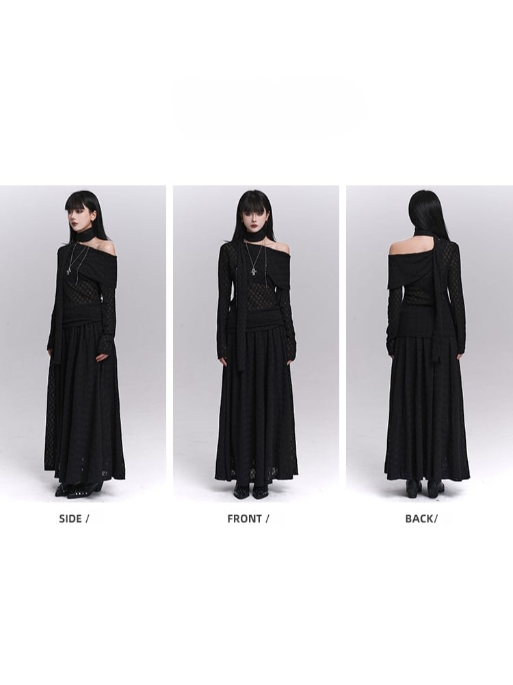 Strap Off-Shoulder Asymmetrical Black Matching Top with Gothic Neck