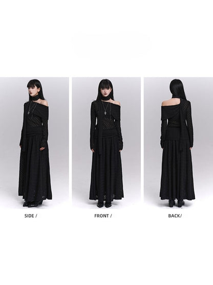 Strap Off-Shoulder Asymmetrical Black Matching Top with Gothic Neck