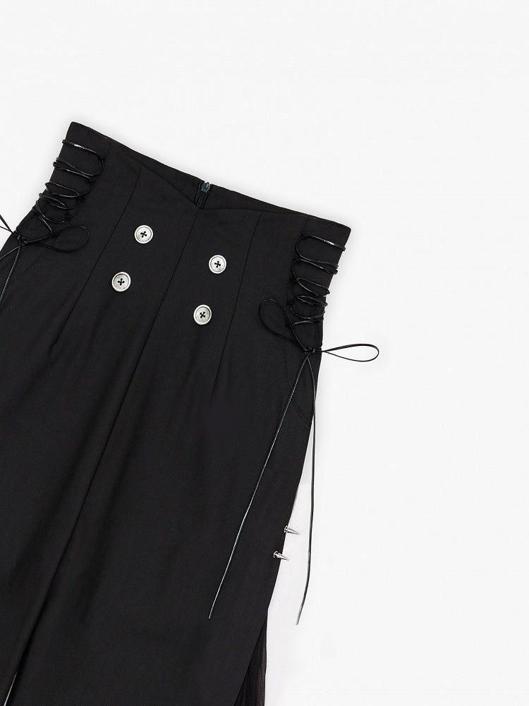 Ouji Style 110cm High Waist Wide-Leg Black Pants with Pleated Chiffon Panel - DevilInspired Exclusive Collection