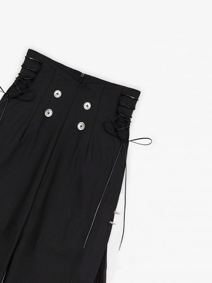 Ouji Style 110cm High Waist Wide-Leg Black Pants with Pleated Chiffon Panel - DevilInspired Exclusive Collection