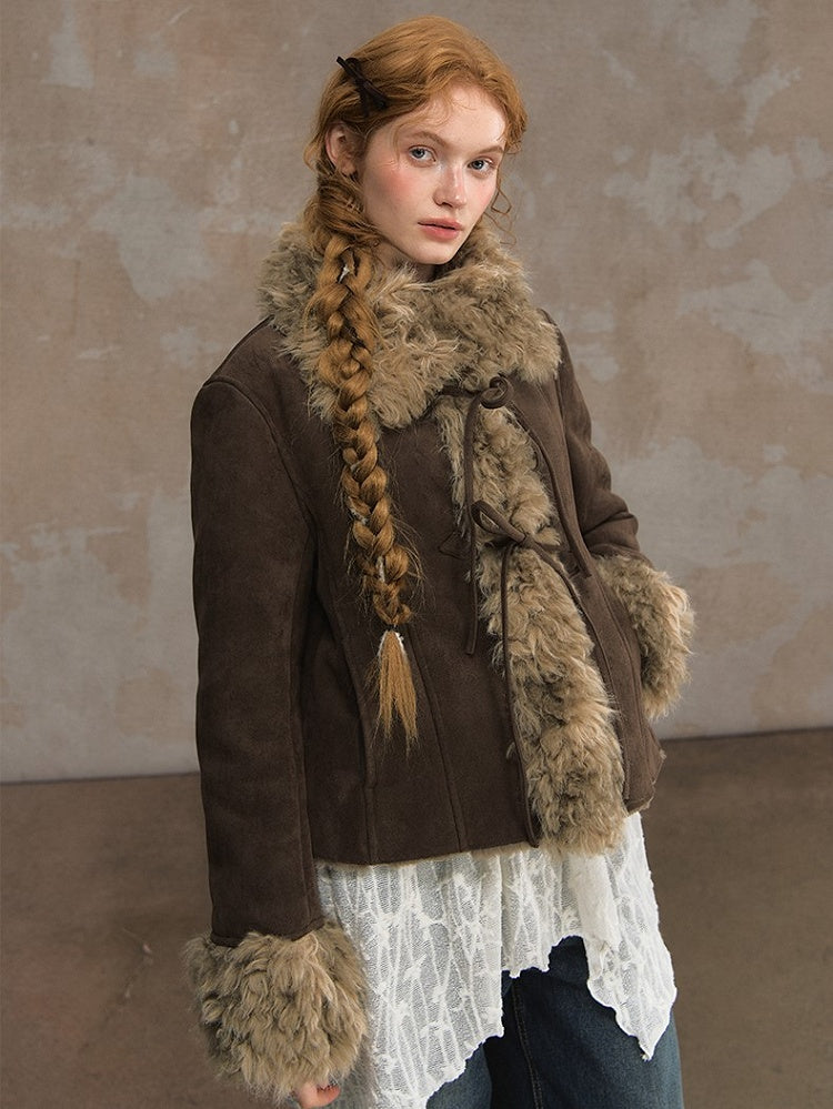 Lining Tie Details with Coat and Bow Faux Suede Brown Plush