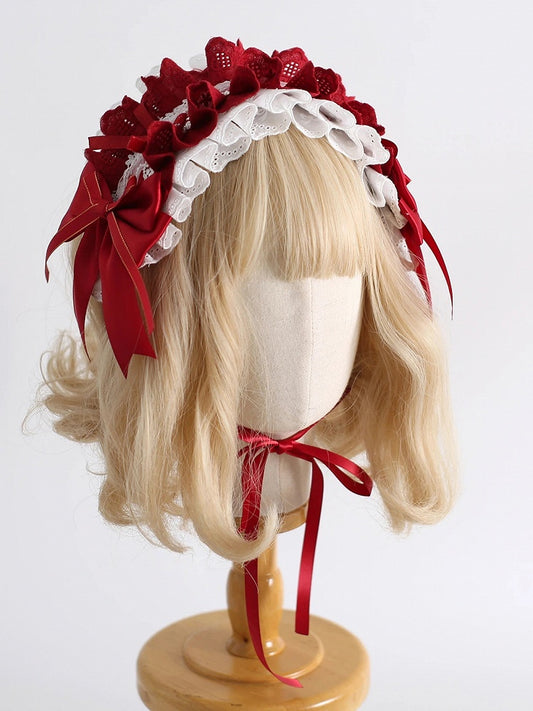Strawberry Red & White Lolita Hairband - Lace & Ruffled Trim Design