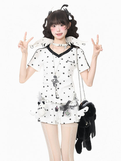 White Star Print V-Neck Tee with Wing Back Design - Languid Park