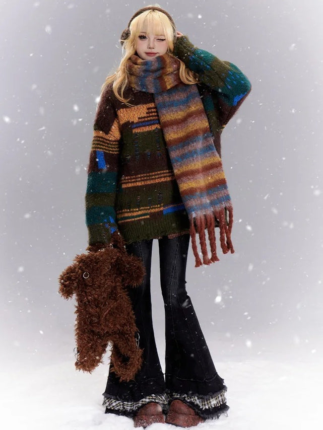 コーヒー/アプリコット パッチワーク ディストレスホールズ ルーズセーター