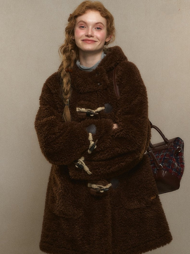 Beige/Brown Toggle Hood Coat with and Closure Long Vintage-Inspired Fleece