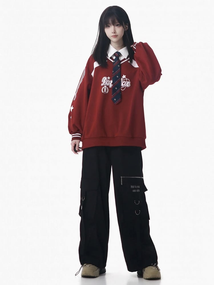 with Collegiate Version Faux Wine Long/Short Blue Star Sweatshirt Red/Navy Two-Piece Print in