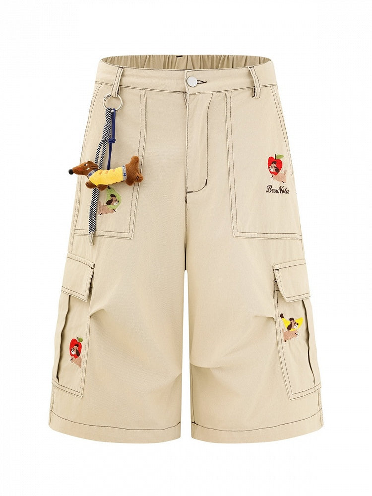 Khaki Cropped Cargo Shorts with Puppy Embroidery - Languid Park