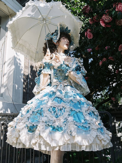 Floral Blue Edge with Hem Lolita Dress Print Scalloped Hime Lace