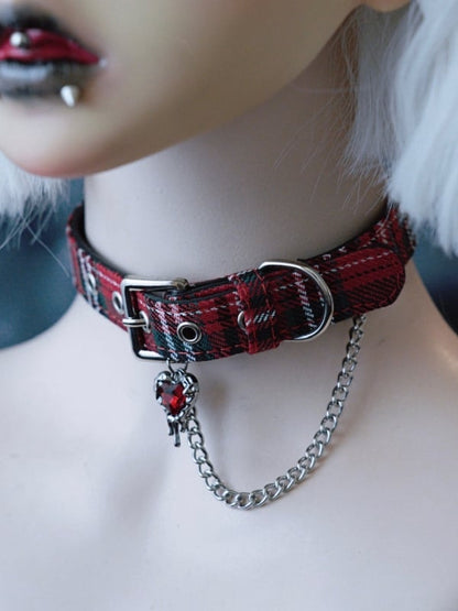 Rhinestone RedGreen Pendant Choker Chain Gothic Heart Plaid And