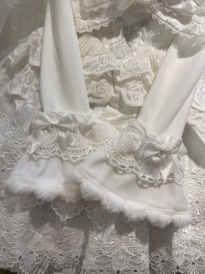 White Cuffs Top Details Lolita Bow and Plush with Long-Sleeve