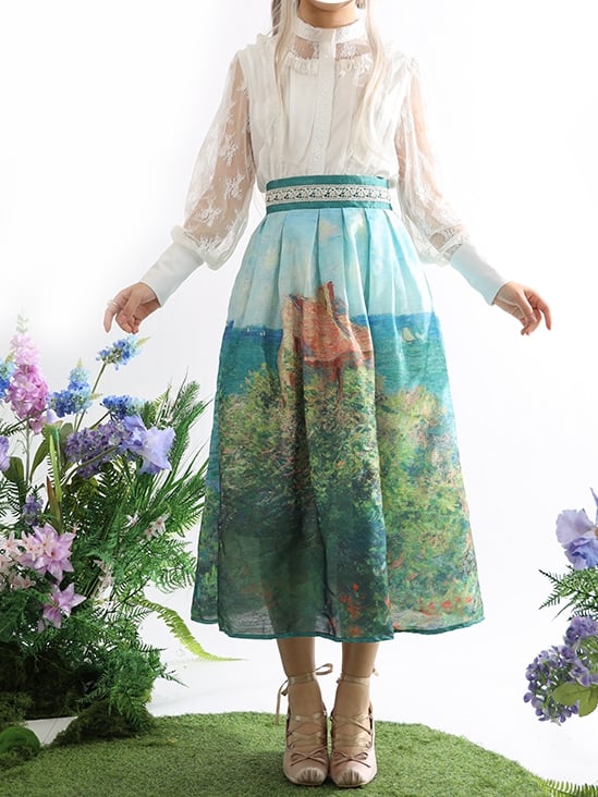 ロング/ショートハイバージョンウエストスカートフィッシャーマンズコテージ油絵プリントグリーン