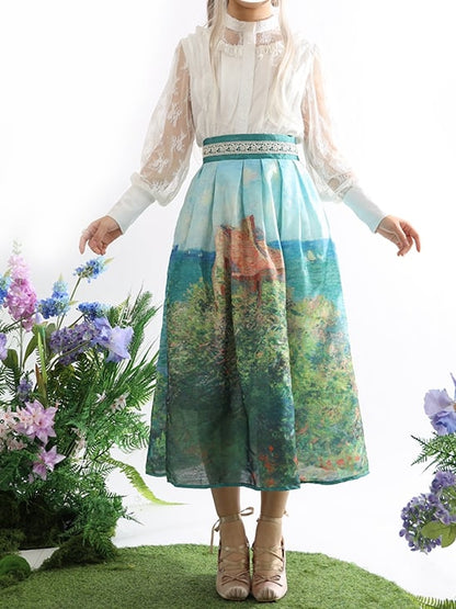 ロング/ショートハイバージョンウエストスカートフィッシャーマンズコテージ油絵プリントグリーン