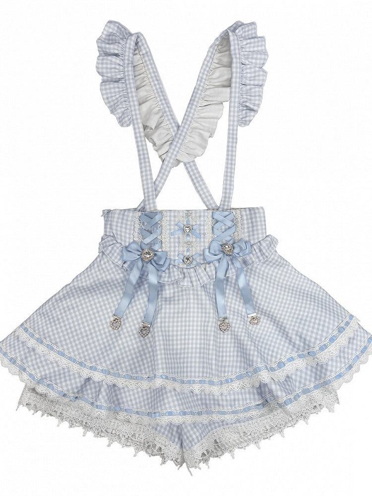 Blue Gingham Ryousangata Fashion Overall Skort with Rhinestone Bow & Lace Details - Broken Bear