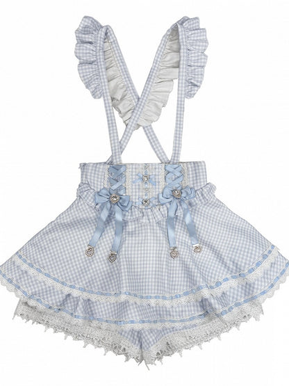 Blue Gingham Ryousangata Fashion Overall Skort with Rhinestone Bow & Lace Details - Broken Bear