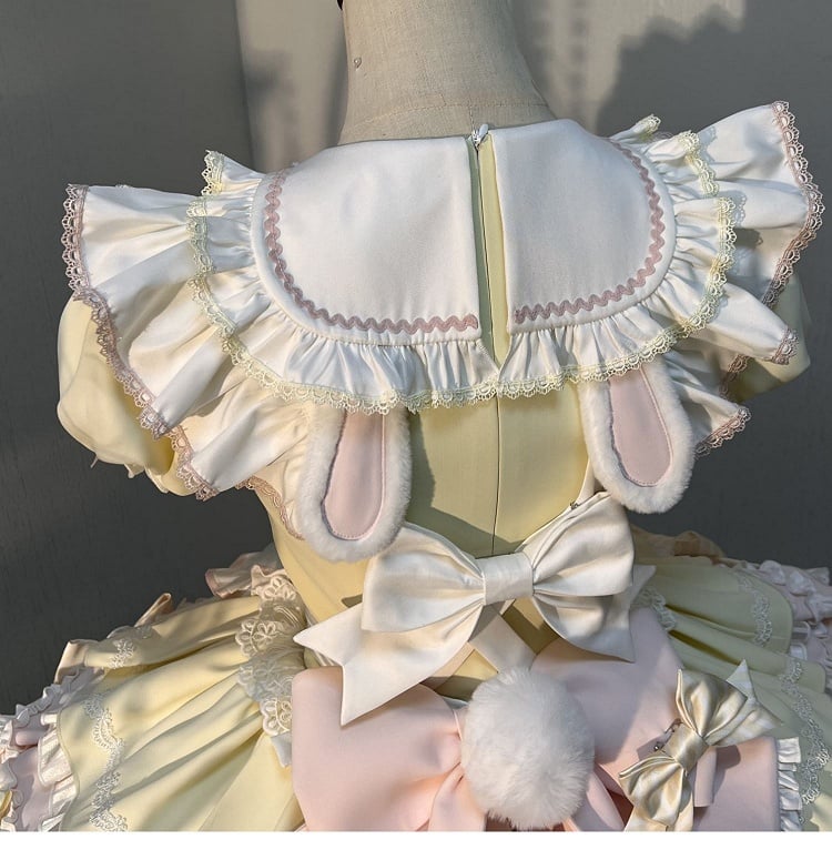 Ärmeln Gelb Lolita Kleid Süße Maid Thema Bunny Puff Rosa und