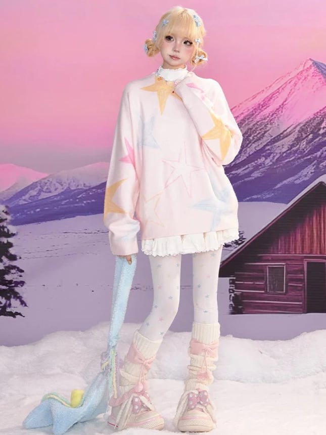 Weicher Rundhalspullover mit rosa Graffiti-Stern