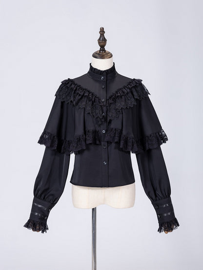 Lace Trim Cape Shirt with Detachable Collar in All-Black Elegance - DevilInspired Exclusive Collection