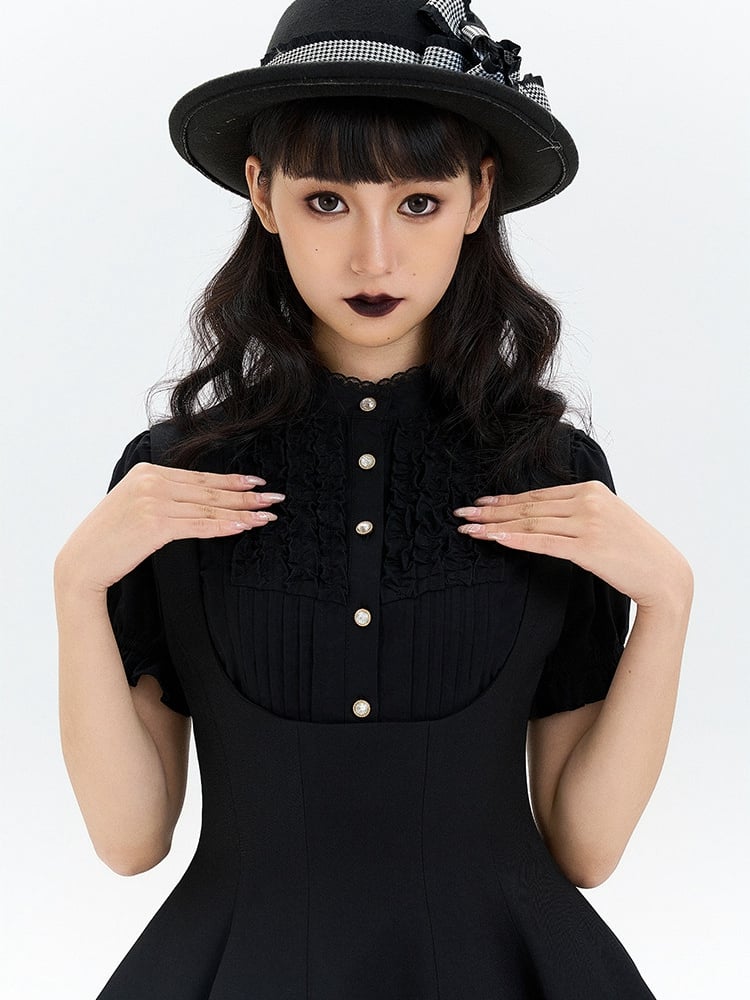 and Ruffle Sleeves Short Pleating Lolita with Front Blouse Black