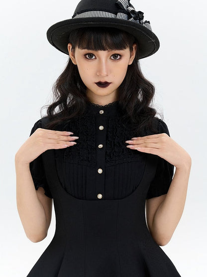and Ruffle Sleeves Short Pleating Lolita with Front Blouse Black