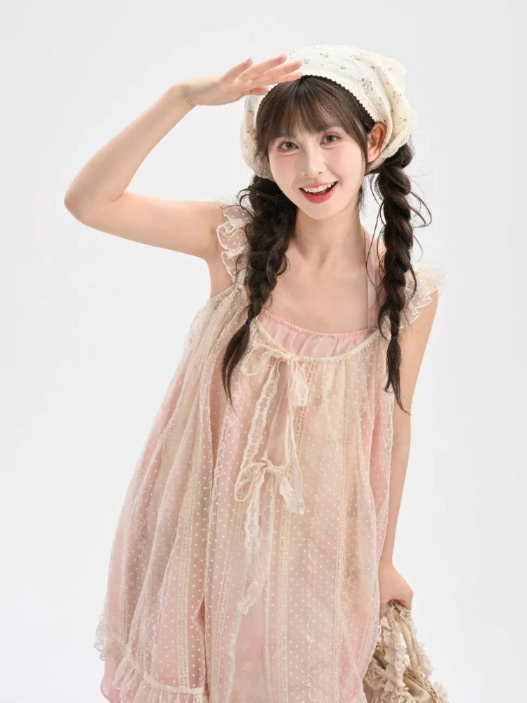 Ärmel Hals Stufenrock Polka-Dot Kleid + Flatter-Überkleid Yume Kawaii Pink Set - Neckholder Zweiteiler