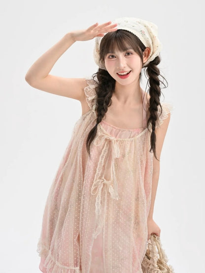 Ärmel Hals Stufenrock Polka-Dot Kleid + Flatter-Überkleid Yume Kawaii Pink Set - Neckholder Zweiteiler