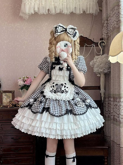 Self-tie Strap with Plaid Bear White Ruffled Hem Lolita Apron