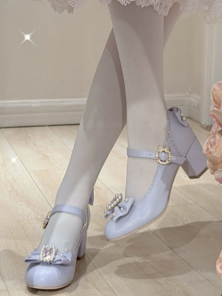 ジェーンズ ボウノット ロリータ ディテール ビーズ装飾 メアリー ラインストーン トゥ ラウンド シューズ パープル